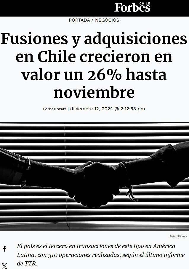 Fusiones y adquisiciones en Chile crecieron en valor un 26% hasta noviembre